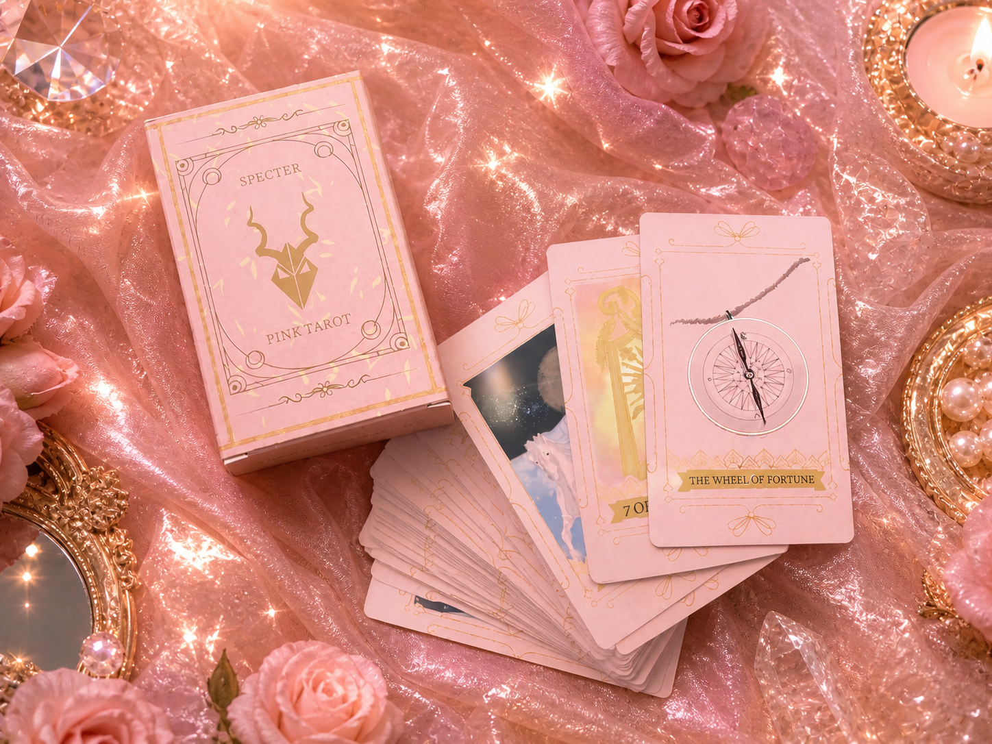 "A stack of pink tarot cards leaning against their matching tuck box. The cards feature a minimalist celestial design with gold-toned illustrations on a soft blush-pink background, created by an independent artist.