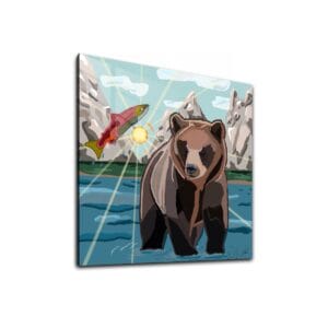 Grizzly Bear Cub acrylic art print with salmon