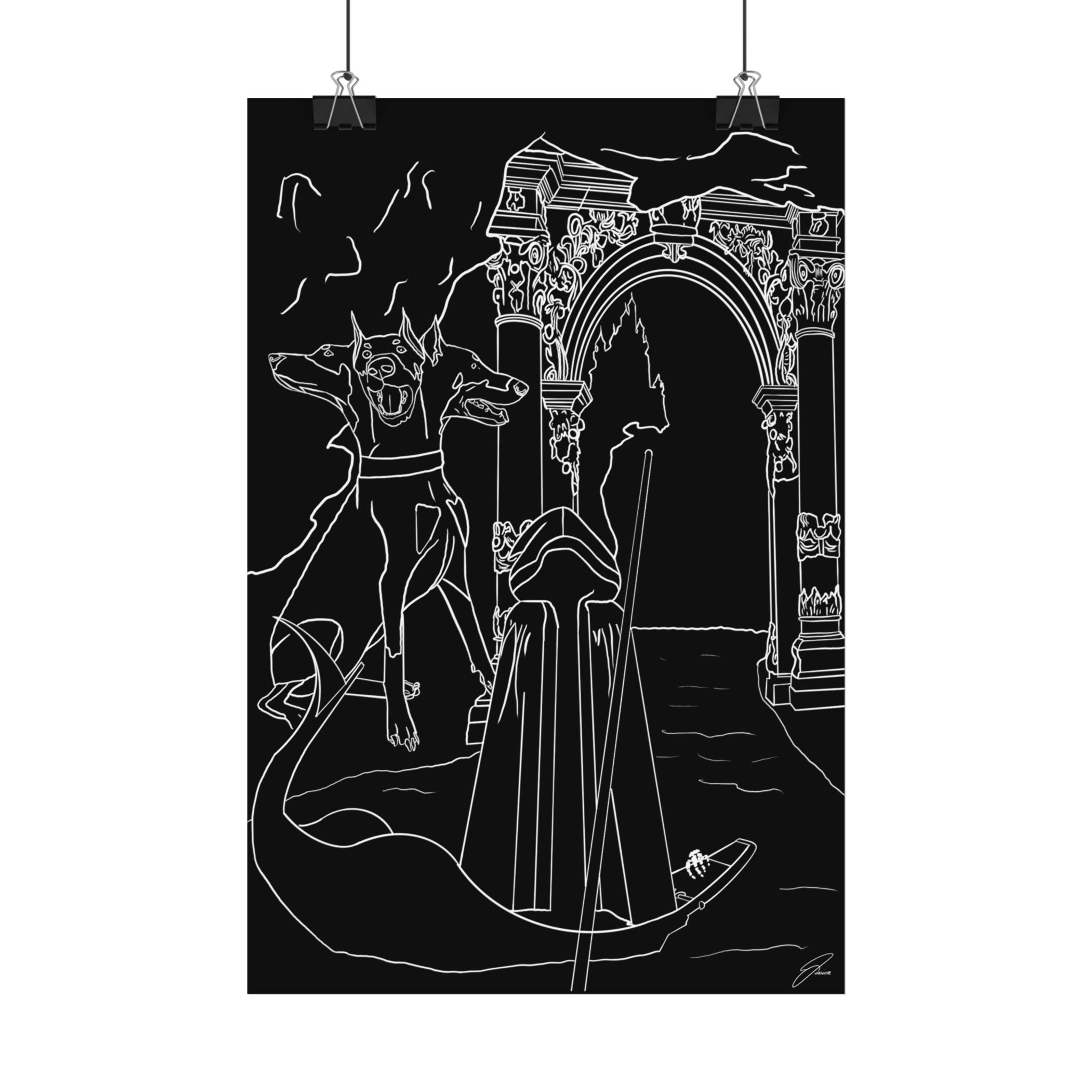 Cerberus Charon River Styx Greek Underworld Hades Art Satin Poster Black & White