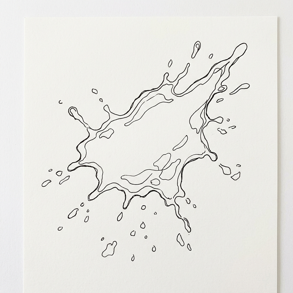 Black continuous line drawing of an irregular ink splash with droplets on white background.