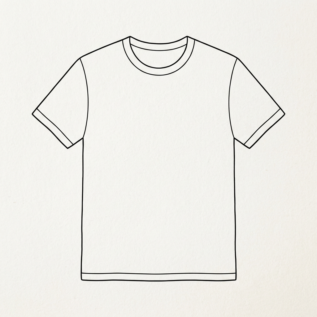 Black line drawing of a short sleeve crew neck T-shirt on plain white background